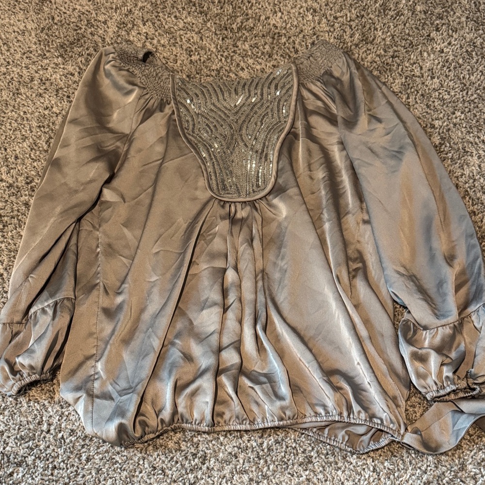 Embellished Yoke Satin Blouse in Silver